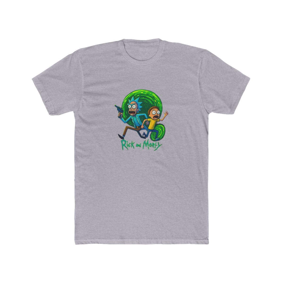 Dark grey t-shirt with a vibrant graphic of Rick and Morty. Rick, with blue hair and a lab coat, holds a ray gun, and Morty wears a yellow shirt. The design includes the show's logo at the bottom, set... — official Rick and Morty T-Shirts