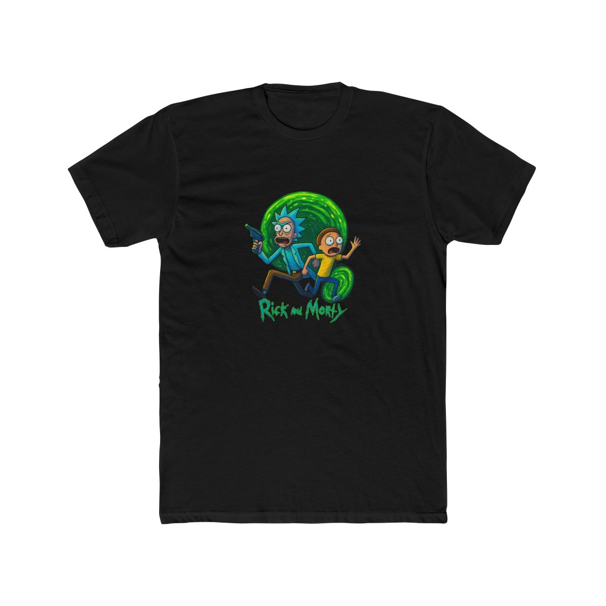 Dark grey t-shirt with a vibrant graphic of Rick and Morty. Rick, with blue hair and a lab coat, holds a ray gun, and Morty wears a yellow shirt. The design includes the show's logo at the bottom, set... - alternate angle 3, merchandise