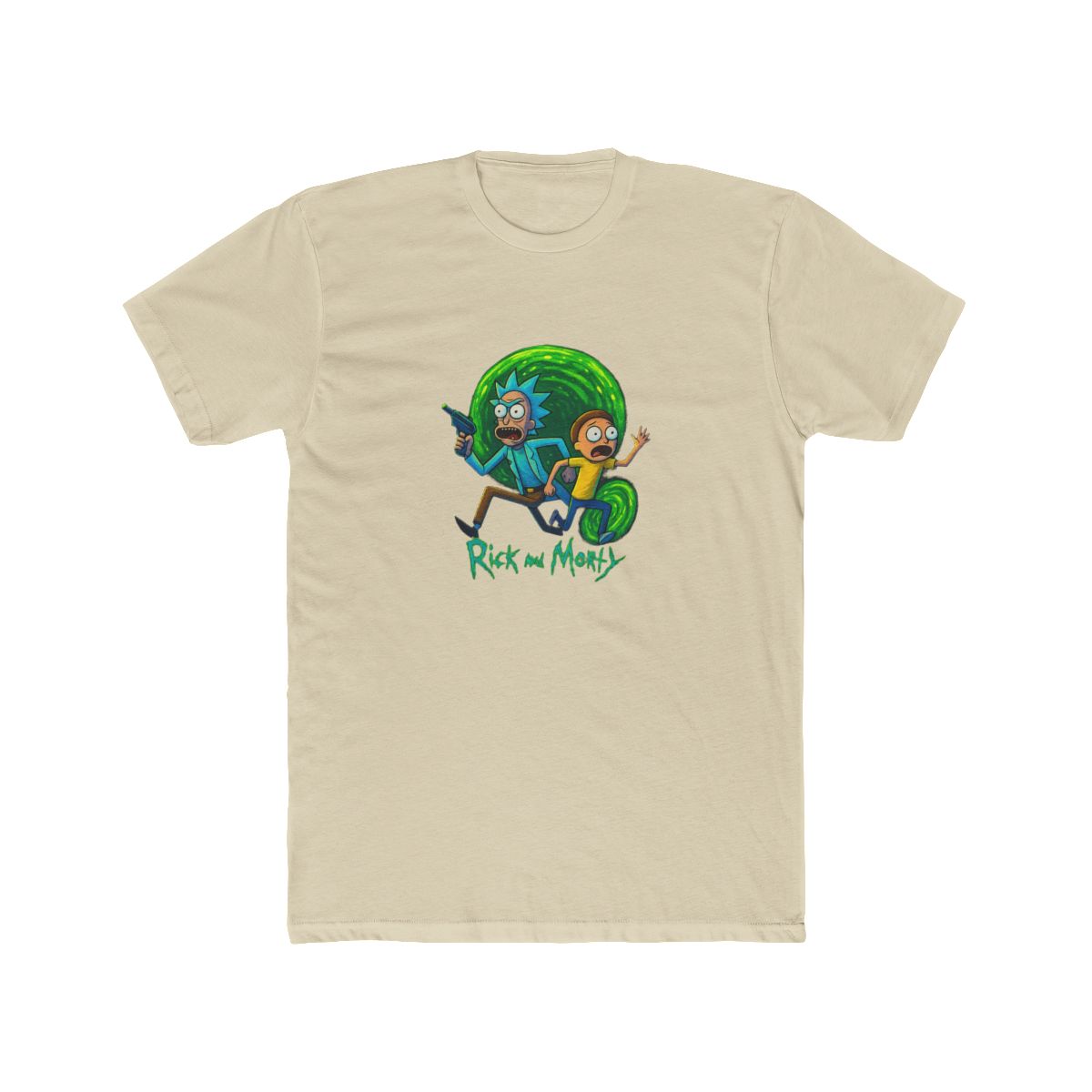 Dark grey t-shirt with a vibrant graphic of Rick and Morty. Rick, with blue hair and a lab coat, holds a ray gun, and Morty wears a yellow shirt. The design includes the show's logo at the bottom, set... - alternate angle 4, merchandise
