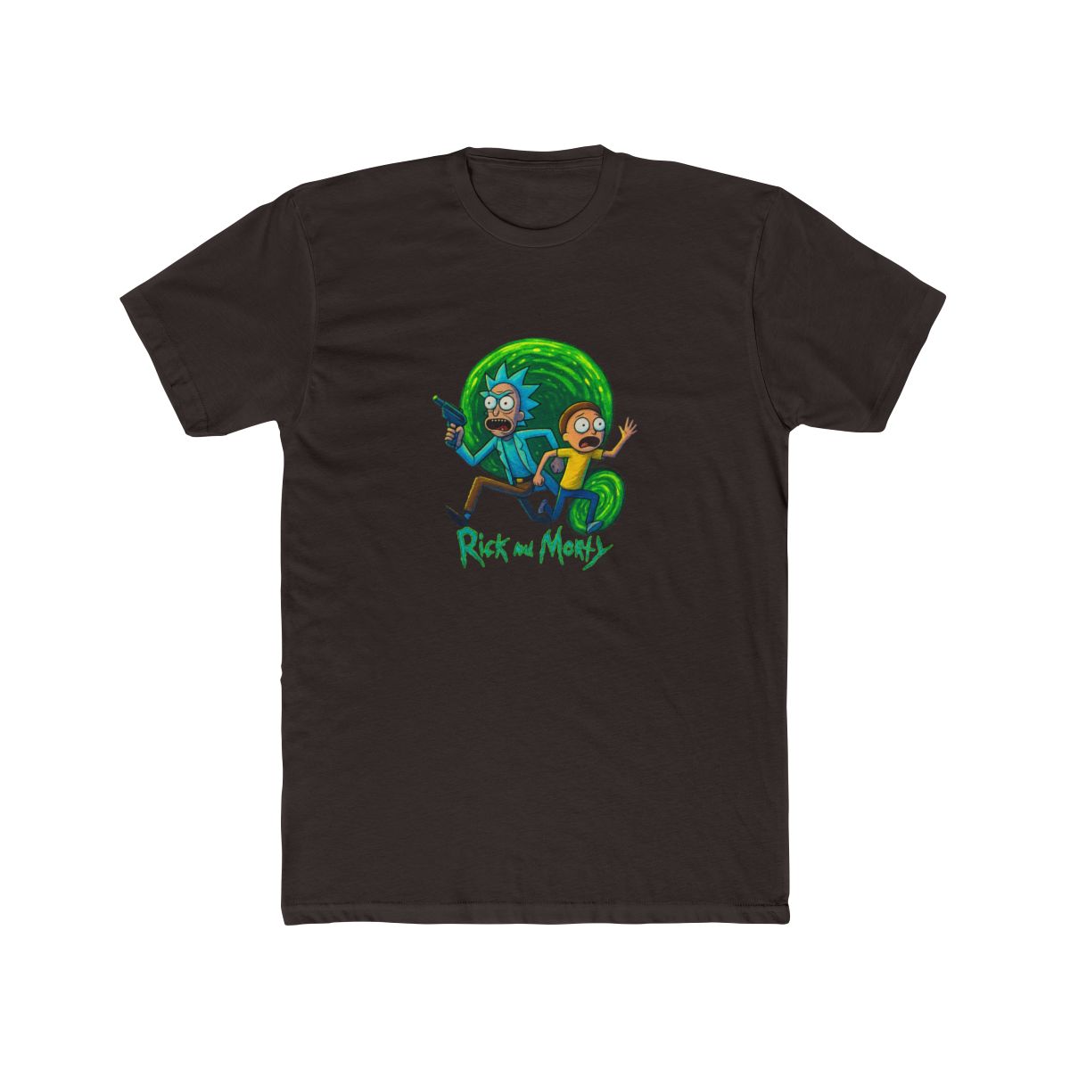 Dark grey t-shirt with a vibrant graphic of Rick and Morty. Rick, with blue hair and a lab coat, holds a ray gun, and Morty wears a yellow shirt. The design includes the show's logo at the bottom, set... - alternate angle 2, merchandise