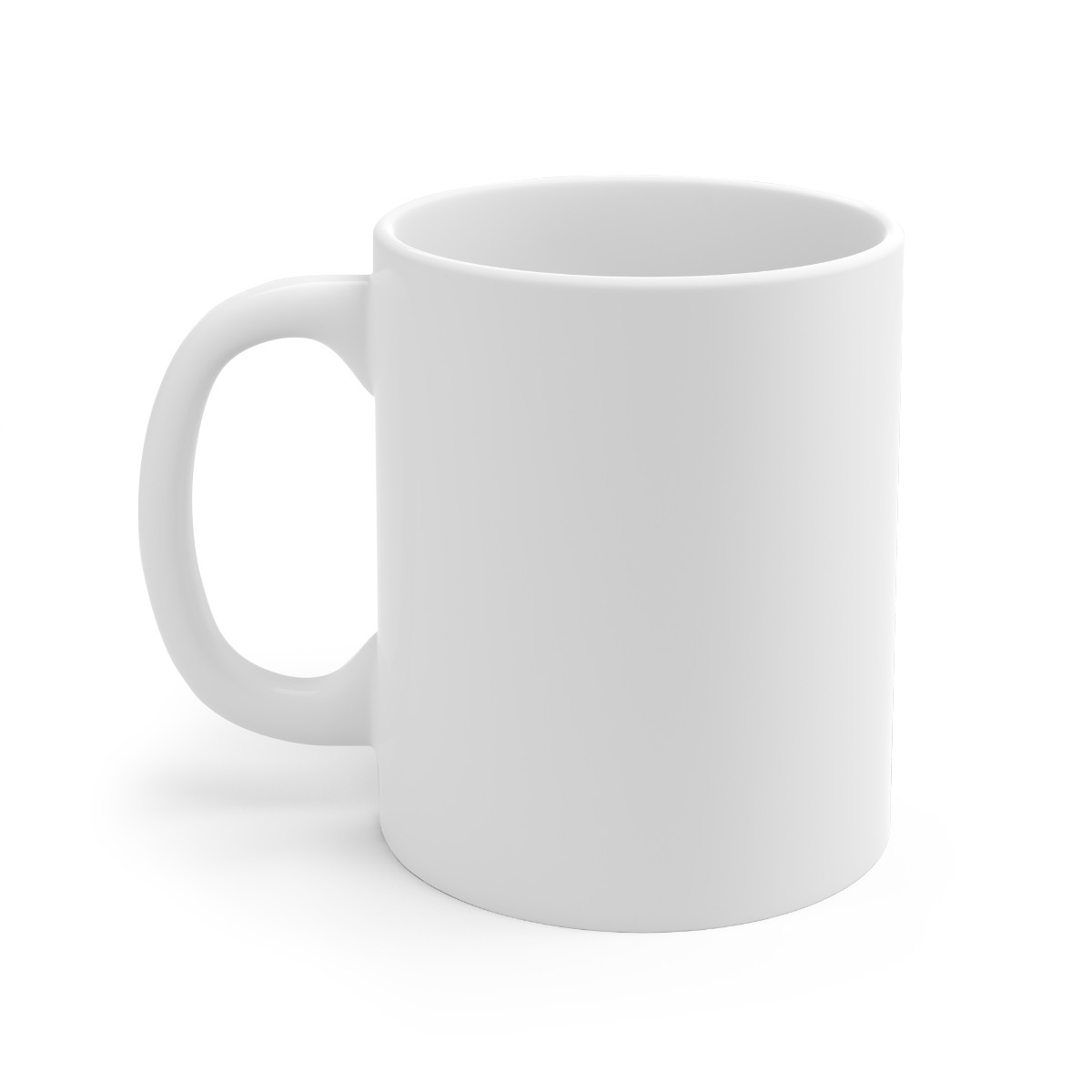 White ceramic mug with a teal blue rim and handle. The mug features a graphic of the words "WUBBA LUBBA DUB DUB" in teal blue with a yellow outline. - alternate angle 2, merchandise