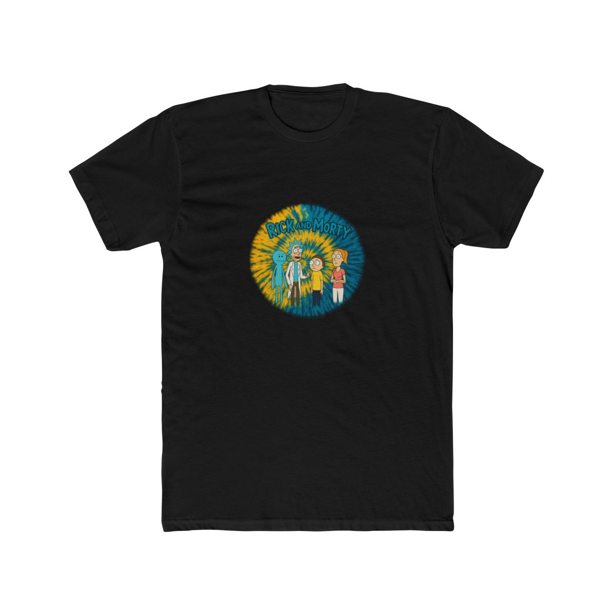 A tie-dye T Shirt with a yellow and blue spiral design. The shirt displays a graphic of characters from the animated series "Rick and Morty" and the show's logo in green. The T Shirt is hanging on a...