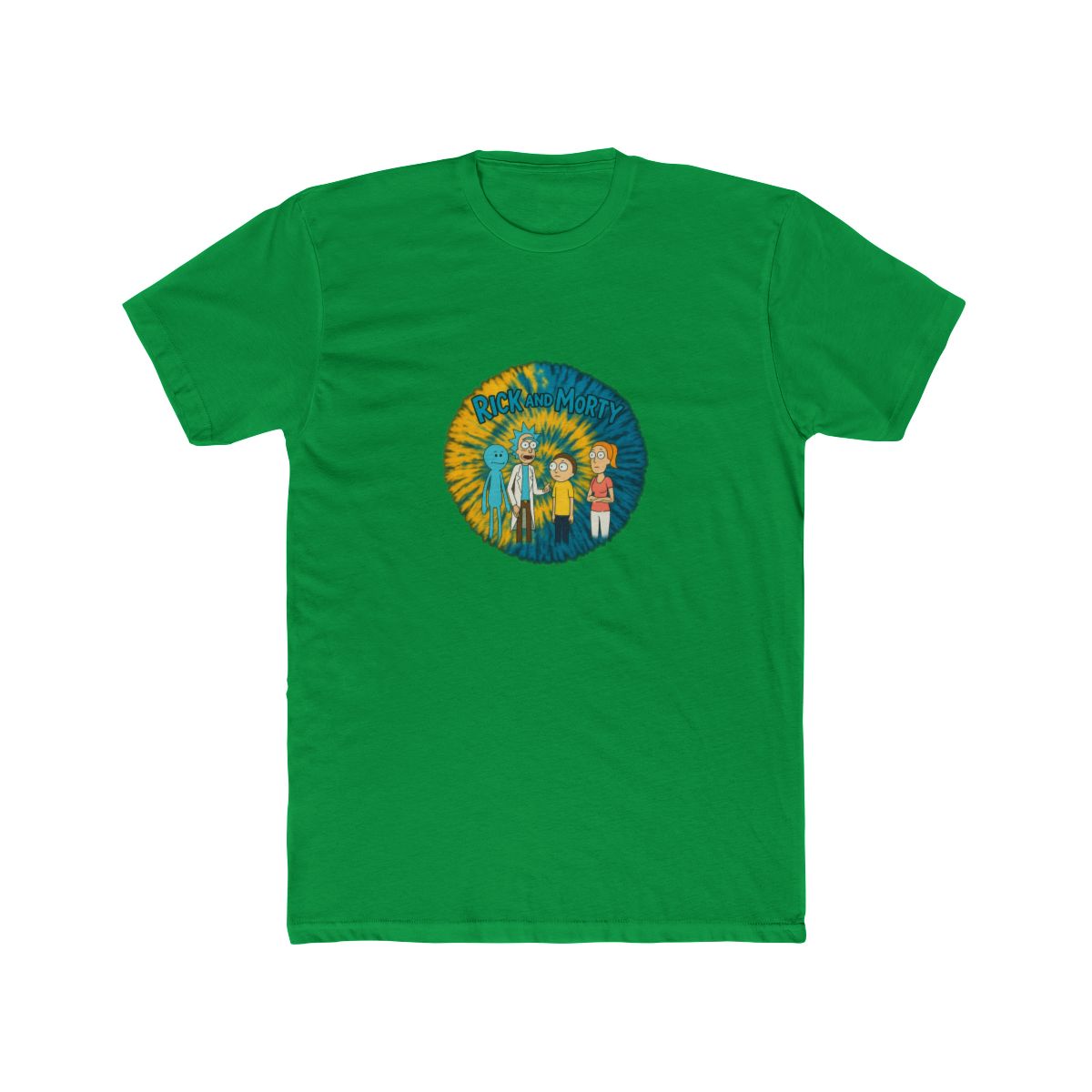 A tie-dye T Shirt with a yellow and blue spiral design. The shirt displays a graphic of characters from the animated series "Rick and Morty" and the show's logo in green. The T Shirt is hanging on a... - alternate angle 3, merchandise