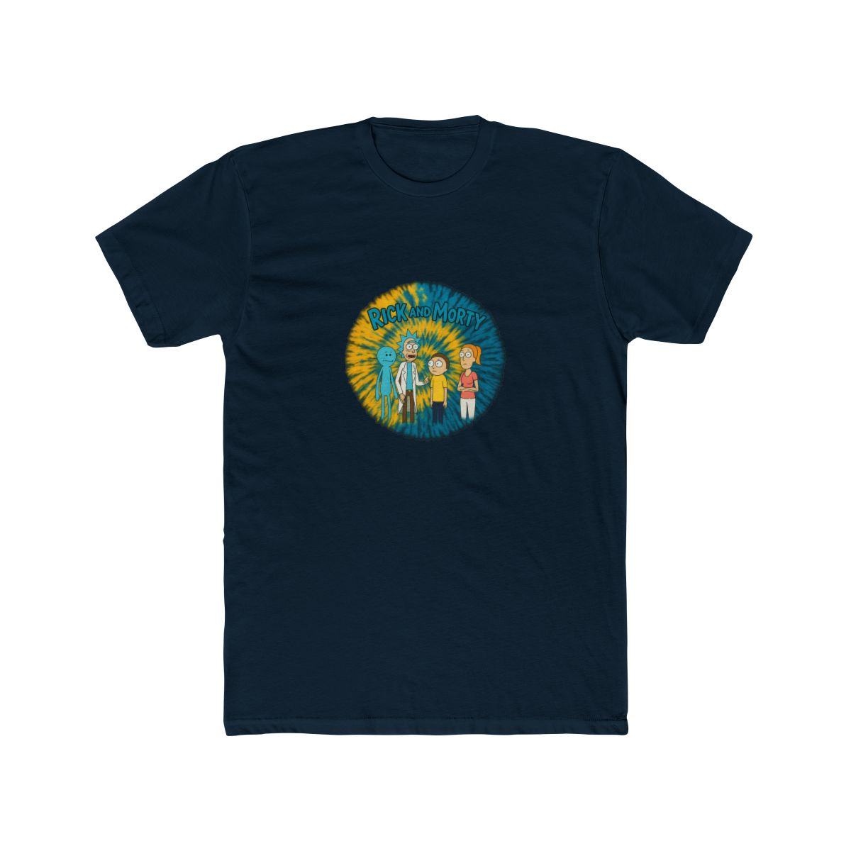 A tie-dye T Shirt with a yellow and blue spiral design. The shirt displays a graphic of characters from the animated series "Rick and Morty" and the show's logo in green. The T Shirt is hanging on a... - alternate angle 2, merchandise