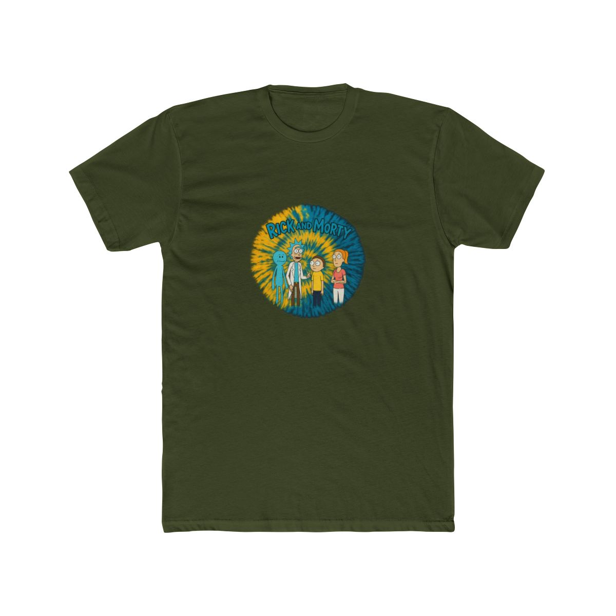 A tie-dye T Shirt with a yellow and blue spiral design. The shirt displays a graphic of characters from the animated series "Rick and Morty" and the show's logo in green. The T Shirt is hanging on a... - Official T-Shirts merchandise