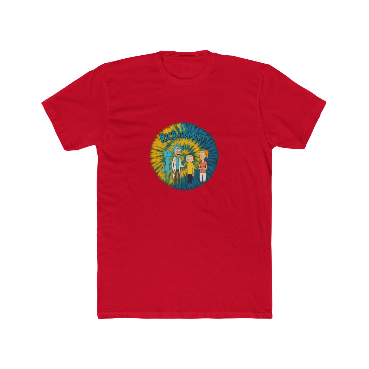A tie-dye T Shirt with a yellow and blue spiral design. The shirt displays a graphic of characters from the animated series "Rick and Morty" and the show's logo in green. The T Shirt is hanging on a... - alternate angle 5, merchandise