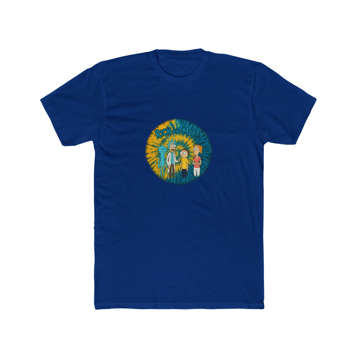 A tie-dye T Shirt with a yellow and blue spiral design. The shirt displays a graphic of characters from the animated series "Rick and Morty" and the show's logo in green. The T Shirt is hanging on a... - alternate angle 4, merchandise