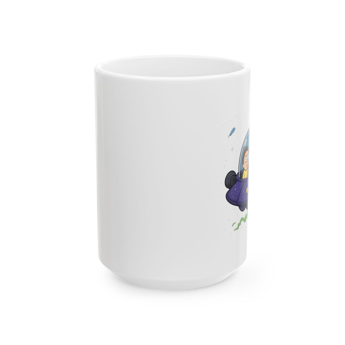 A blue ceramic mug with a green rim features a cartoon image of two characters in a spaceship flying through space. The characters are from the animated television show Rick and Morty - alternate angle 4, merchandise