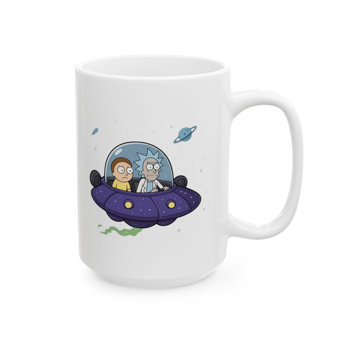 A blue ceramic mug with a green rim features a cartoon image of two characters in a spaceship flying through space. The characters are from the animated television show Rick and Morty - Rick and Morty official Mugs & Drinkware merch
