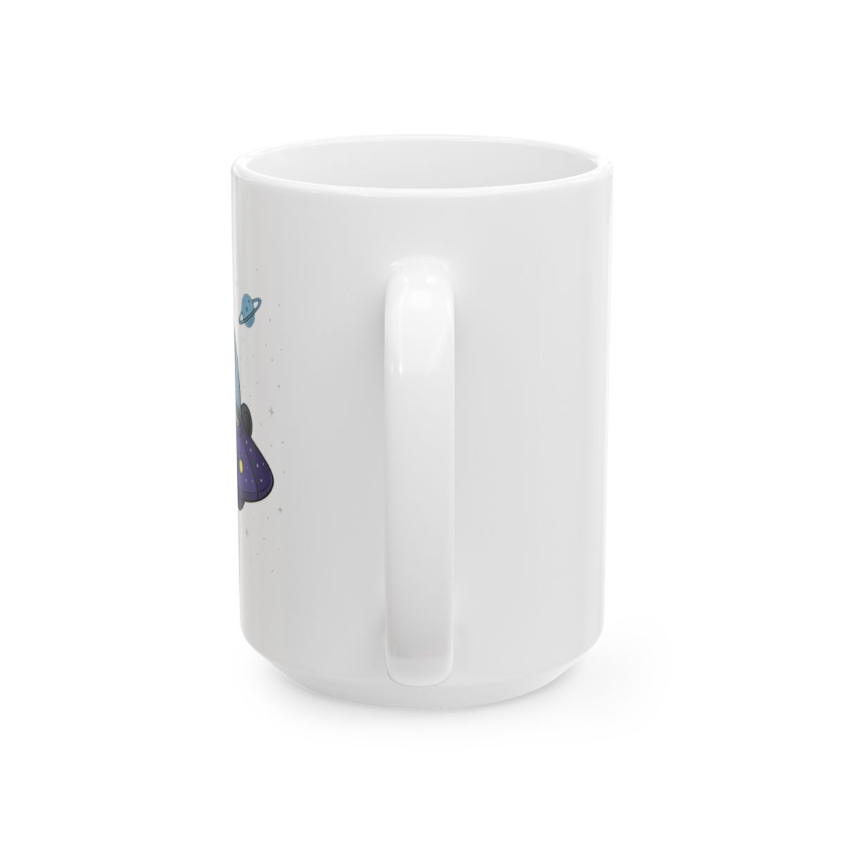 A blue ceramic mug with a green rim features a cartoon image of two characters in a spaceship flying through space. The characters are from the animated television show Rick and Morty - alternate angle 5, merchandise