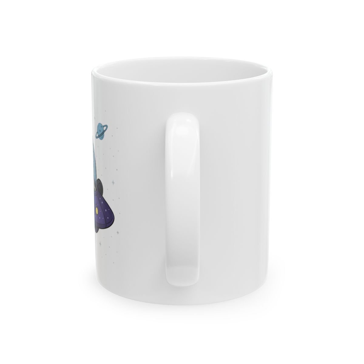 A blue ceramic mug with a green rim features a cartoon image of two characters in a spaceship flying through space. The characters are from the animated television show Rick and Morty - alternate angle 2, merchandise