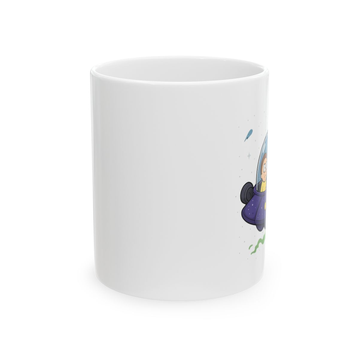 A blue ceramic mug with a green rim features a cartoon image of two characters in a spaceship flying through space. The characters are from the animated television show Rick and Morty - alternate angle 1, merchandise