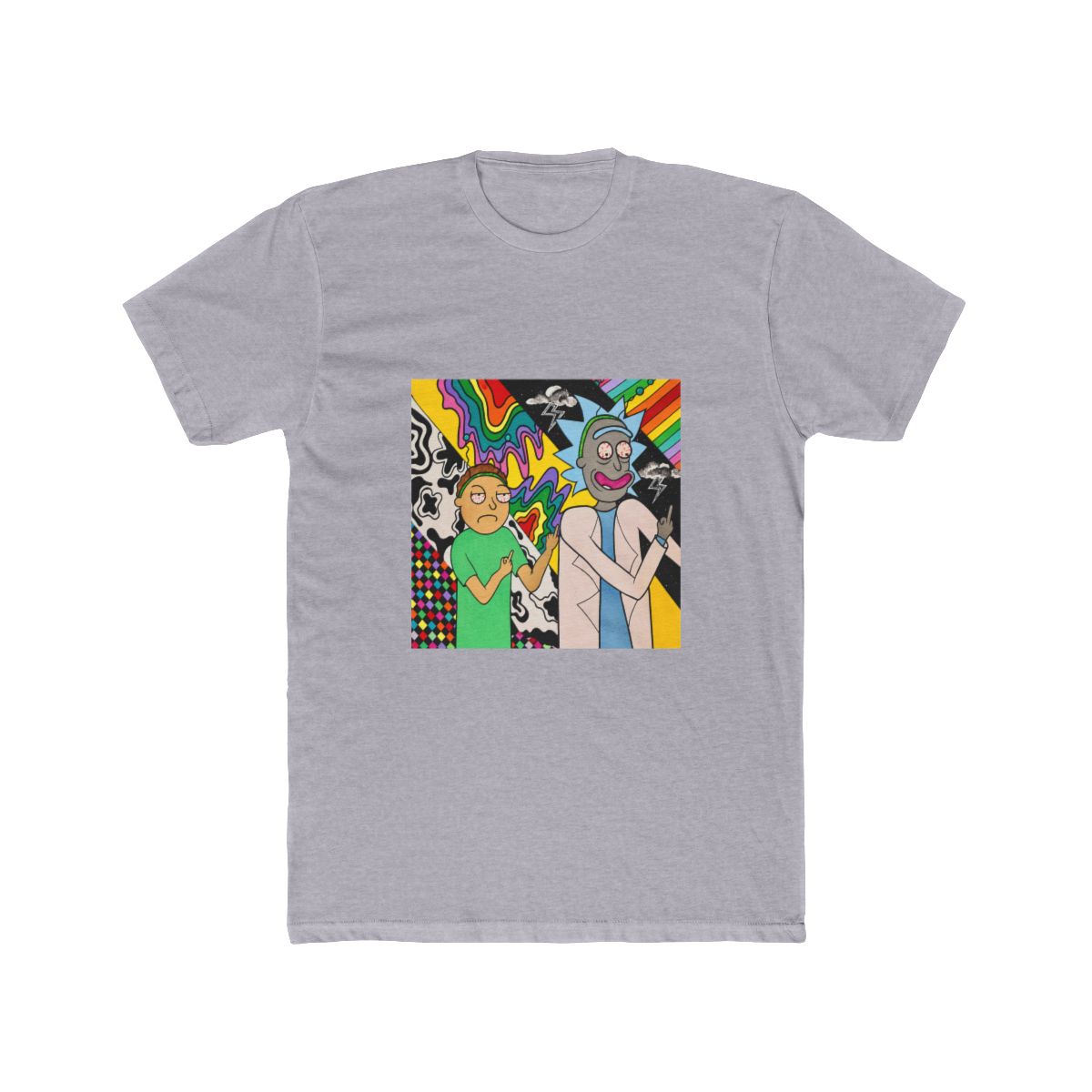A colourful painting on T Shirt featuring two cartoon characters, Rick and Morty, with psychedelic backgrounds. Rick is wearing a white lab coat and Morty is wearing a green shirt. Both characters are... - Rick and Morty official T-Shirts merch