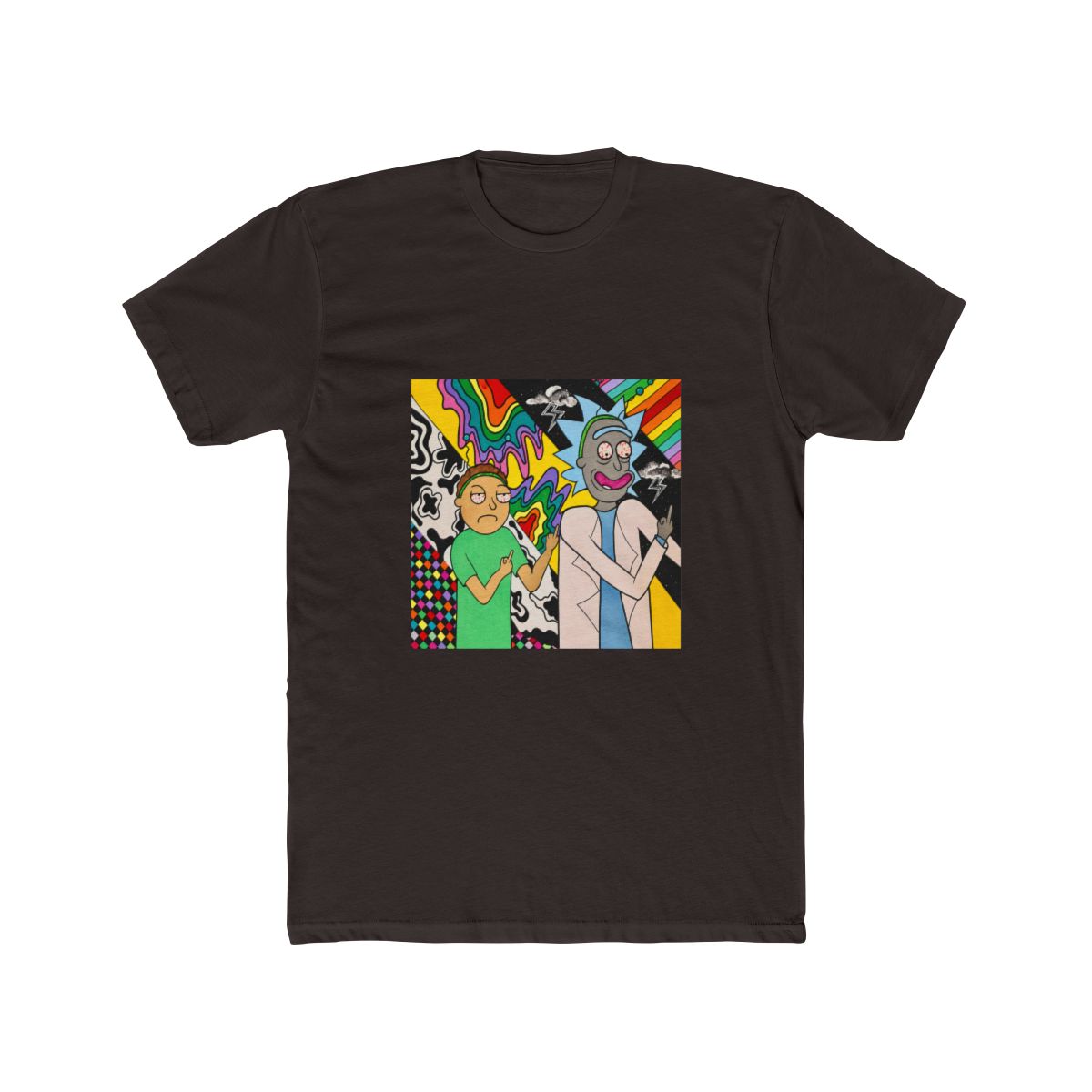 A colourful painting on T Shirt featuring two cartoon characters, Rick and Morty, with psychedelic backgrounds. Rick is wearing a white lab coat and Morty is wearing a green shirt. Both characters are... - alternate angle 2, merchandise