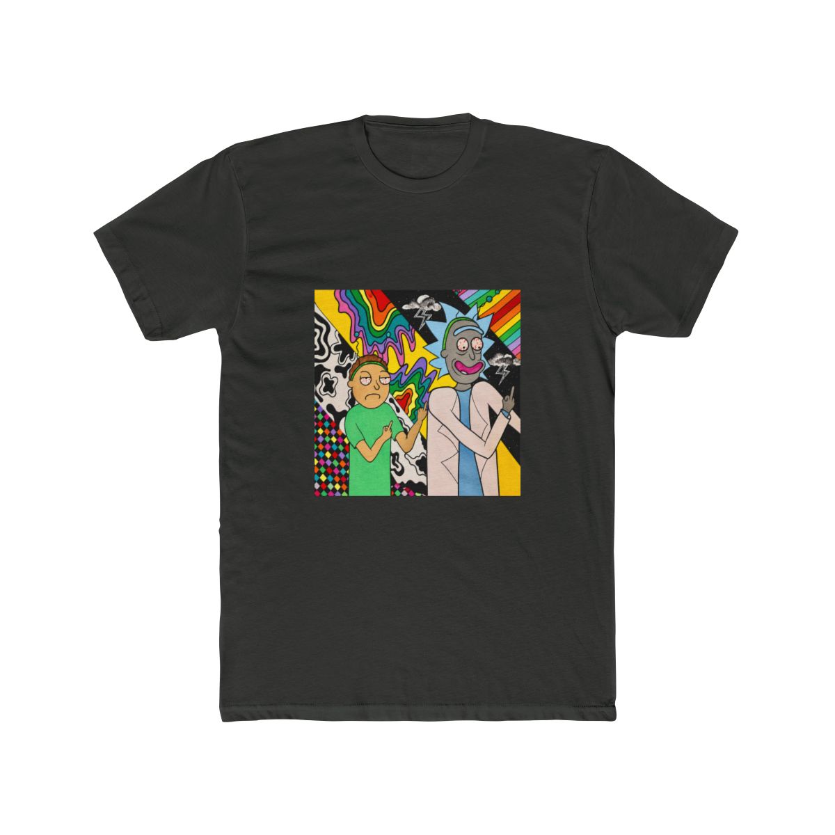 A colourful painting on T Shirt featuring two cartoon characters, Rick and Morty, with psychedelic backgrounds. Rick is wearing a white lab coat and Morty is wearing a green shirt. Both characters are... - alternate angle 5, merchandise