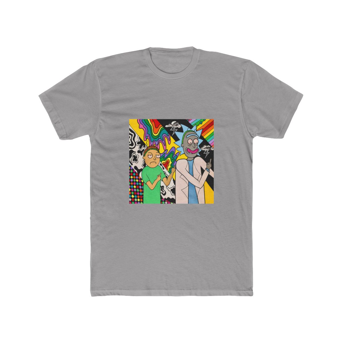 A colourful painting on T Shirt featuring two cartoon characters, Rick and Morty, with psychedelic backgrounds. Rick is wearing a white lab coat and Morty is wearing a green shirt. Both characters are... - Official T-Shirts merchandise
