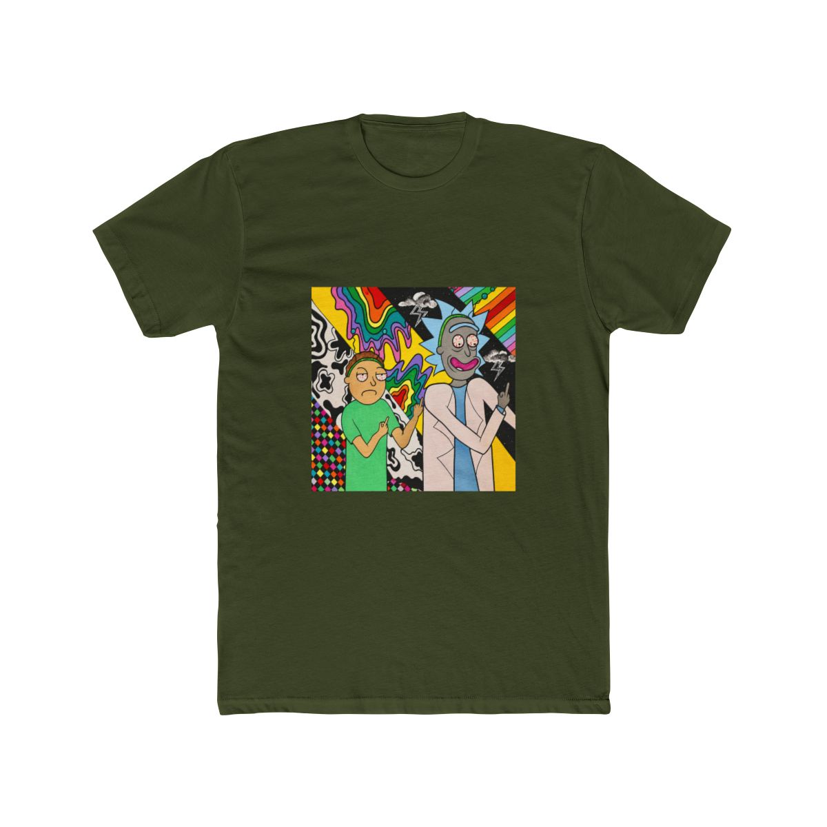 A colourful painting on T Shirt featuring two cartoon characters, Rick and Morty, with psychedelic backgrounds. Rick is wearing a white lab coat and Morty is wearing a green shirt. Both characters are... - alternate angle 4, merchandise