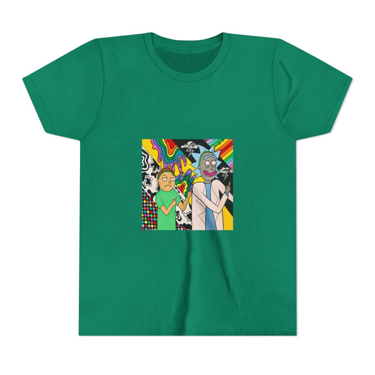 A colourful painting on T Shirt featuring two cartoon characters, Rick and Morty, with psychedelic backgrounds. Rick is wearing a white lab coat and Morty is wearing a green shirt. Both characters are... (Kids) - alternate angle 2, merchandise