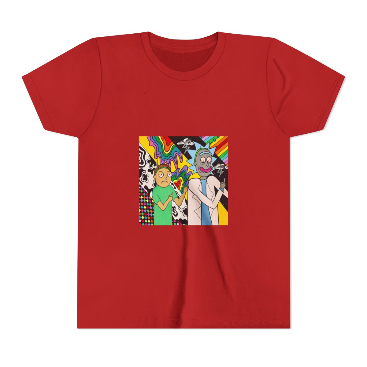 A colourful painting on T Shirt featuring two cartoon characters, Rick and Morty, with psychedelic backgrounds. Rick is wearing a white lab coat and Morty is wearing a green shirt. Both characters are... (Kids)