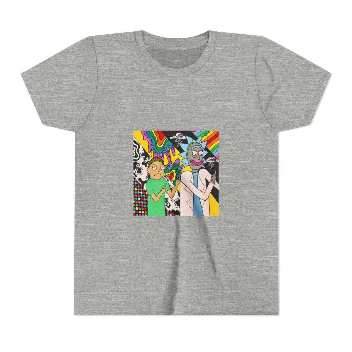 A colourful painting on T Shirt featuring two cartoon characters, Rick and Morty, with psychedelic backgrounds. Rick is wearing a white lab coat and Morty is wearing a green shirt. Both characters are... (Kids) - alternate angle 3, merchandise