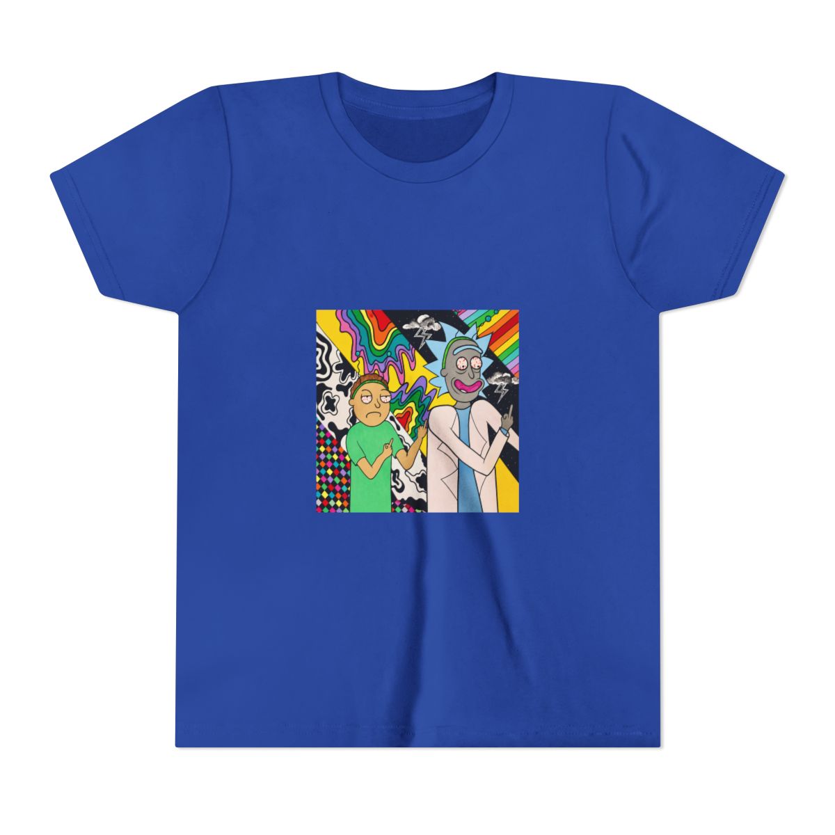 A colourful painting on T Shirt featuring two cartoon characters, Rick and Morty, with psychedelic backgrounds. Rick is wearing a white lab coat and Morty is wearing a green shirt. Both characters are... (Kids) - alternate angle 4, merchandise