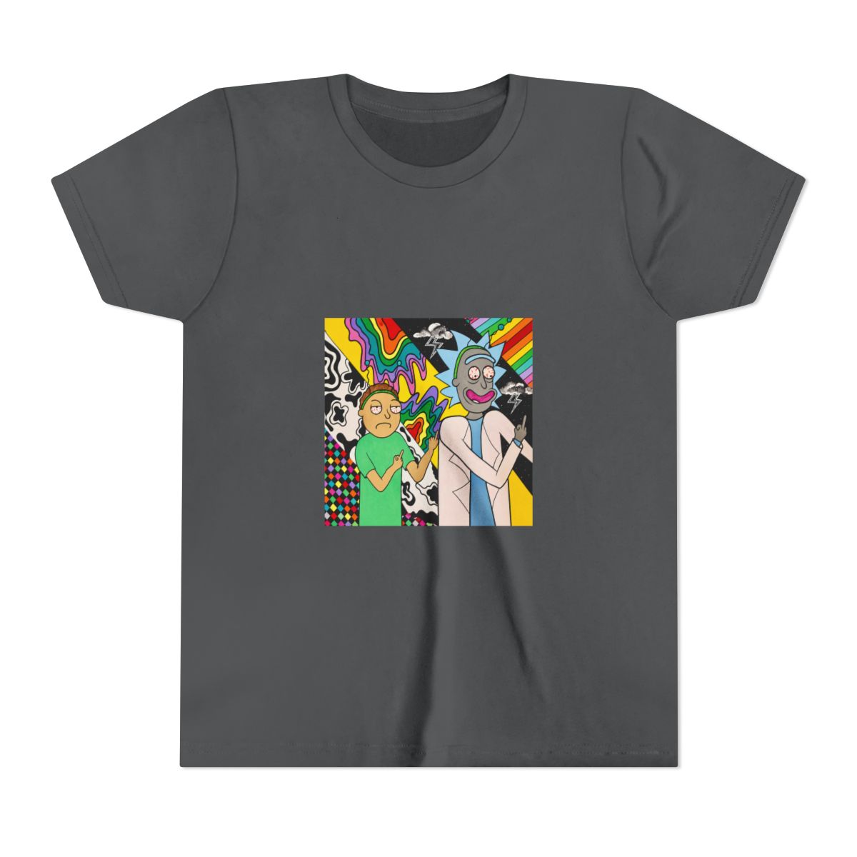 A colourful painting on T Shirt featuring two cartoon characters, Rick and Morty, with psychedelic backgrounds. Rick is wearing a white lab coat and Morty is wearing a green shirt. Both characters are... (Kids) - alternate angle 5, merchandise