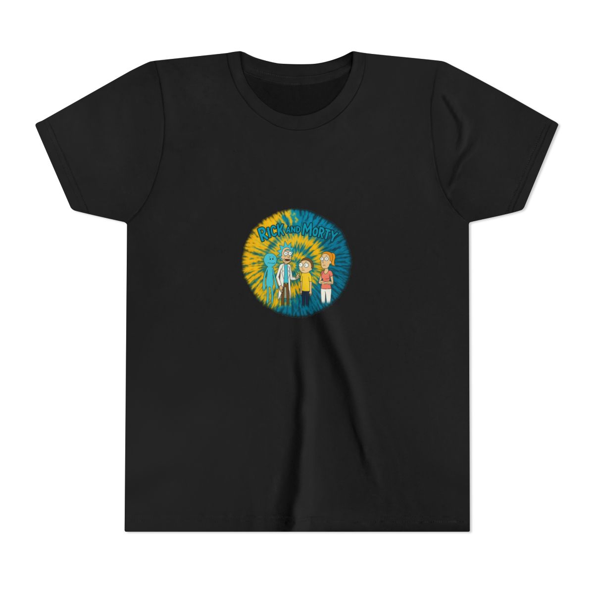 A tie-dye T Shirt with a yellow and blue spiral design. The shirt displays a graphic of characters from the animated series "Rick and Morty" and the show's logo in green. The T Shirt is hanging on a... (Kids)