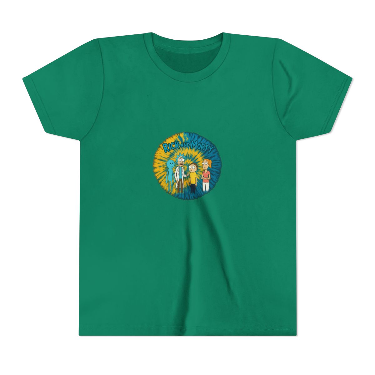 A tie-dye T Shirt with a yellow and blue spiral design. The shirt displays a graphic of characters from the animated series "Rick and Morty" and the show's logo in green. The T Shirt is hanging on a... (Kids) - alternate angle 2, merchandise