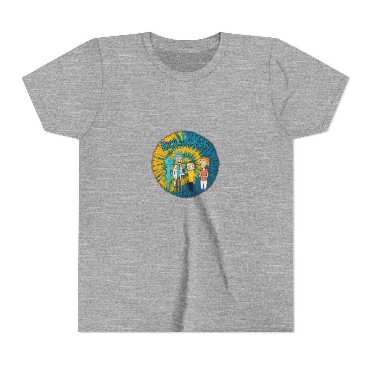 A tie-dye T Shirt with a yellow and blue spiral design. The shirt displays a graphic of characters from the animated series "Rick and Morty" and the show's logo in green. The T Shirt is hanging on a... (Kids) - alternate angle 3, merchandise