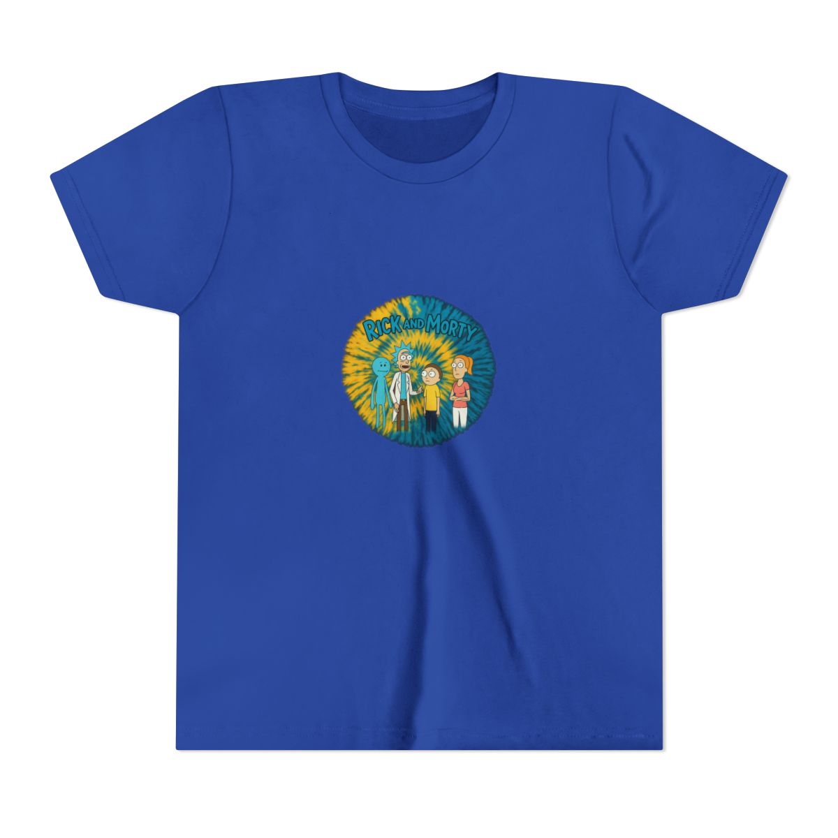 A tie-dye T Shirt with a yellow and blue spiral design. The shirt displays a graphic of characters from the animated series "Rick and Morty" and the show's logo in green. The T Shirt is hanging on a... (Kids) - alternate angle 4, merchandise