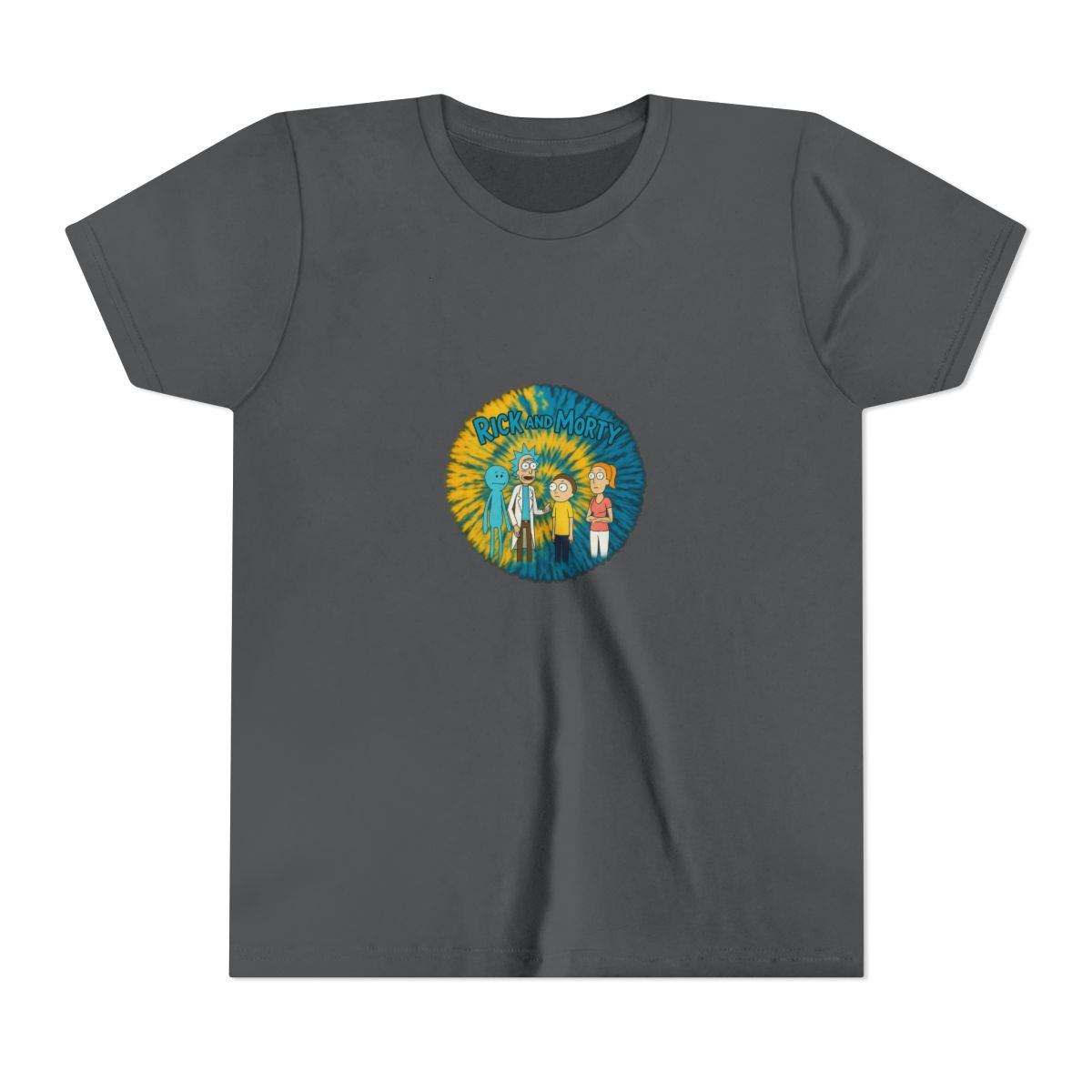 A tie-dye T Shirt with a yellow and blue spiral design. The shirt displays a graphic of characters from the animated series "Rick and Morty" and the show's logo in green. The T Shirt is hanging on a... (Kids) - alternate angle 5, merchandise