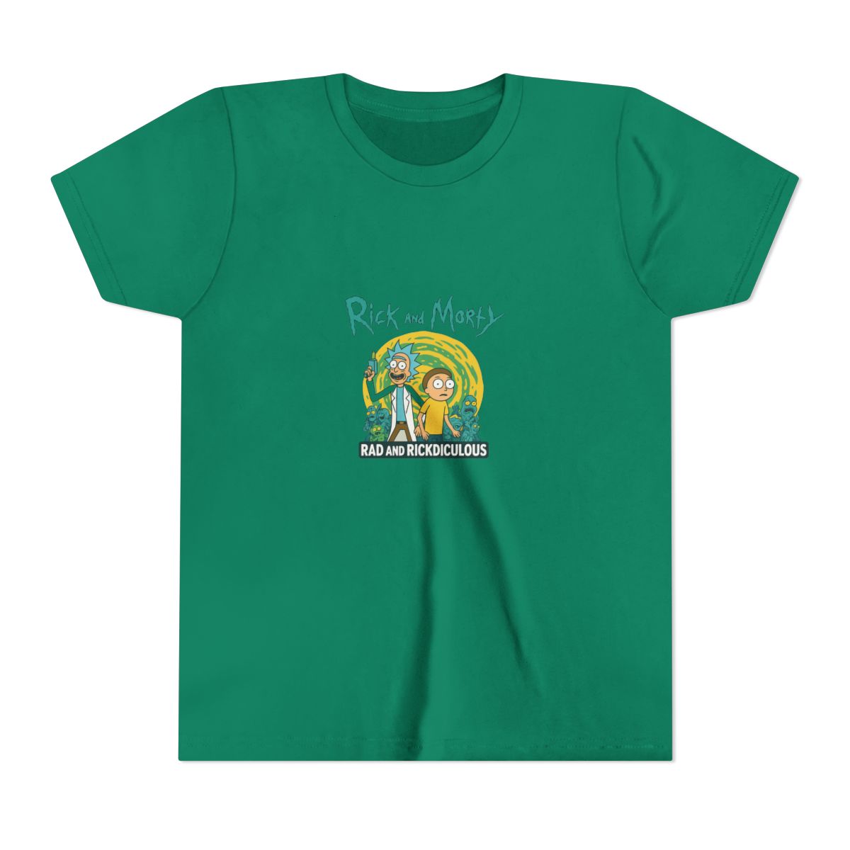 Black t-shirt featuring a colorful graphic from the animated series "Rick and Morty." The design includes the show's logo and a scene with characters and a yellow background. The text "Red and... (... - Official t-shirts merchandise