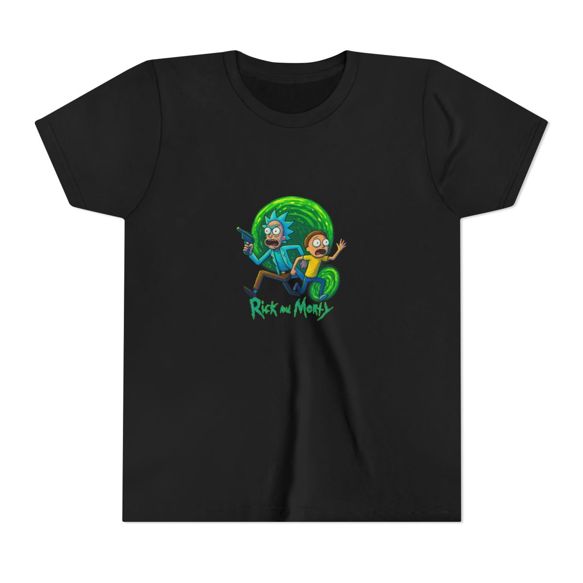 Dark grey t-shirt with a vibrant graphic of Rick and Morty. Rick, with blue hair and a lab coat, holds a ray gun, and Morty wears a yellow shirt. The design includes the show's logo at the bottom, set... (Kids) - alternate angle 3, merchandise