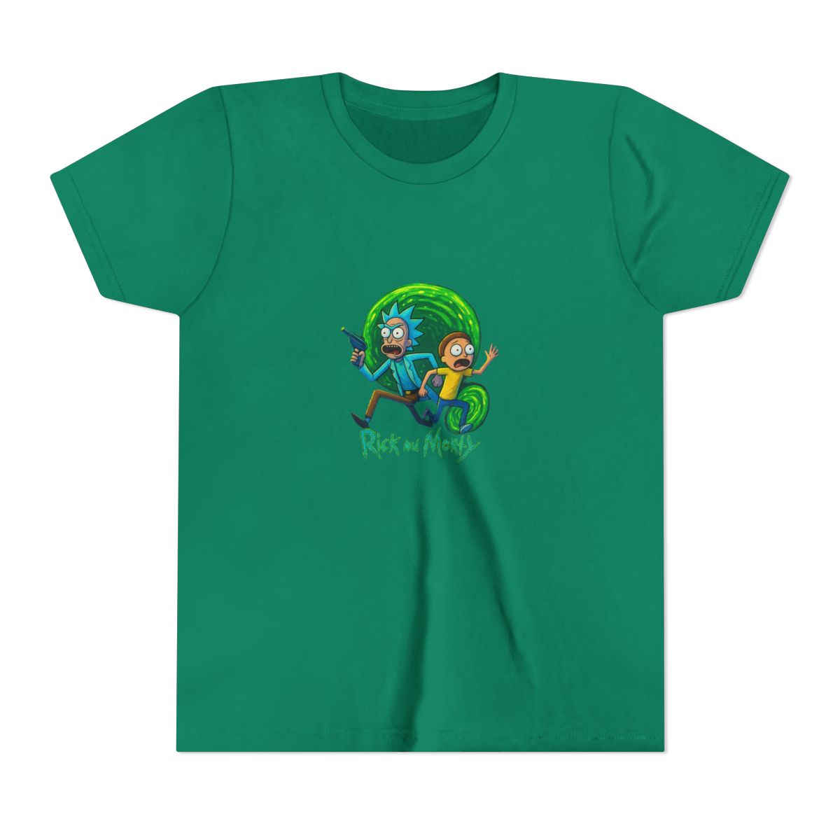 Dark grey t-shirt with a vibrant graphic of Rick and Morty. Rick, with blue hair and a lab coat, holds a ray gun, and Morty wears a yellow shirt. The design includes the show's logo at the bottom, set... (Kids) - alternate angle 4, merchandise