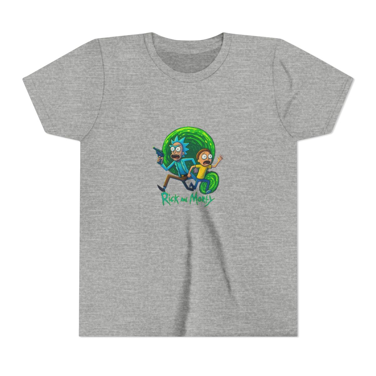 Dark grey t-shirt with a vibrant graphic of Rick and Morty. Rick, with blue hair and a lab coat, holds a ray gun, and Morty wears a yellow shirt. The design includes the show's logo at the bottom, set... (Kids) - alternate angle 5, merchandise