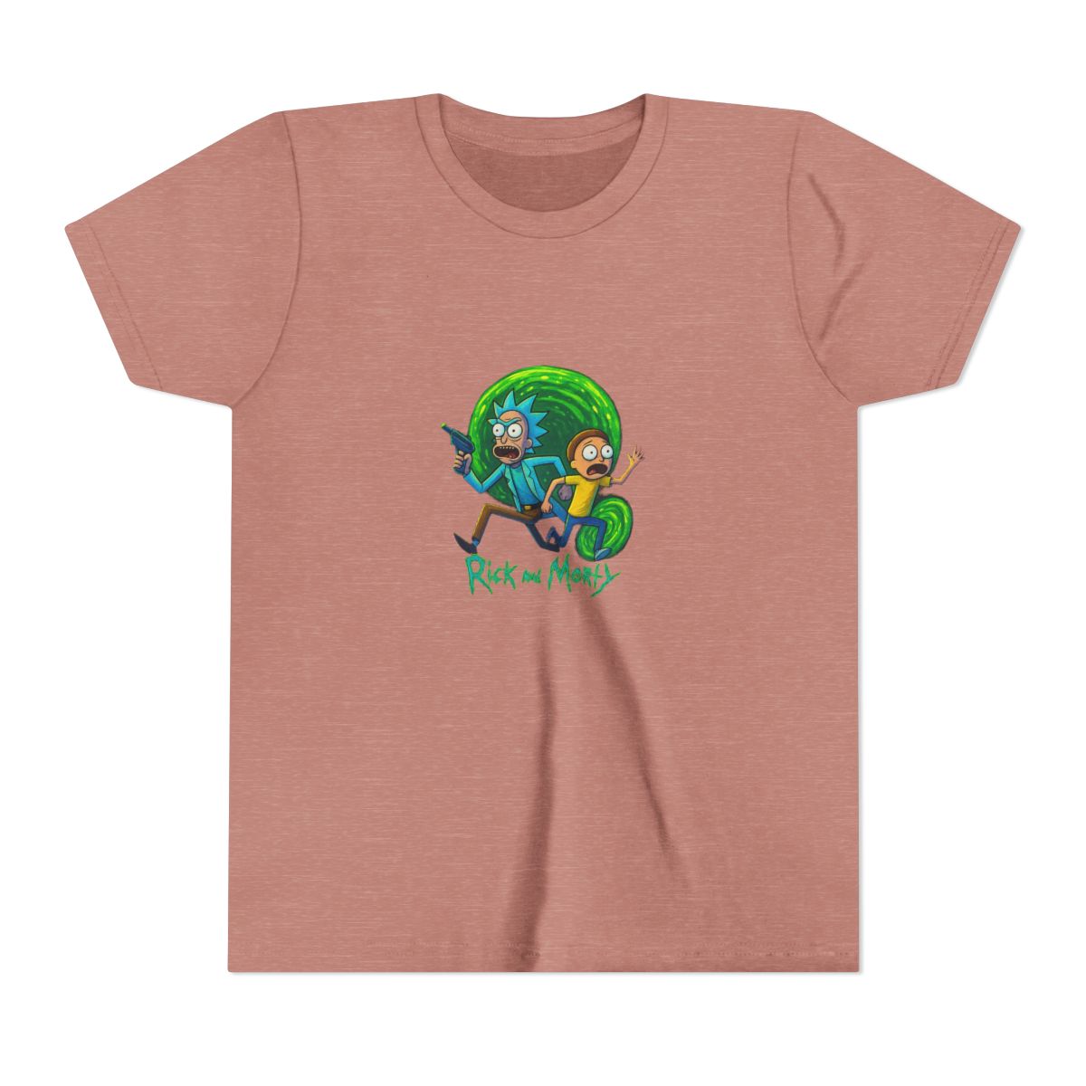 Dark grey t-shirt with a vibrant graphic of Rick and Morty. Rick, with blue hair and a lab coat, holds a ray gun, and Morty wears a yellow shirt. The design includes the show's logo at the bottom, set... (Kids) - alternate angle 2, merchandise