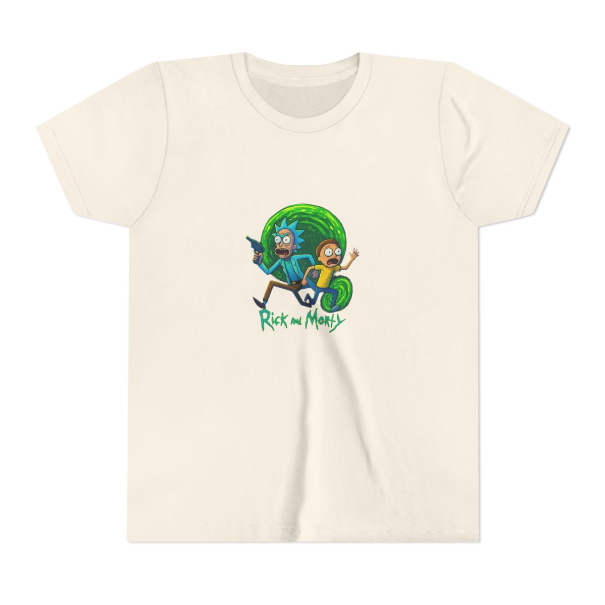 Dark grey t-shirt with a vibrant graphic of Rick and Morty. Rick, with blue hair and a lab coat, holds a ray gun, and Morty wears a yellow shirt. The design includes the show's logo at the bottom, set... (Kids) — official Rick and Morty T-Shirts